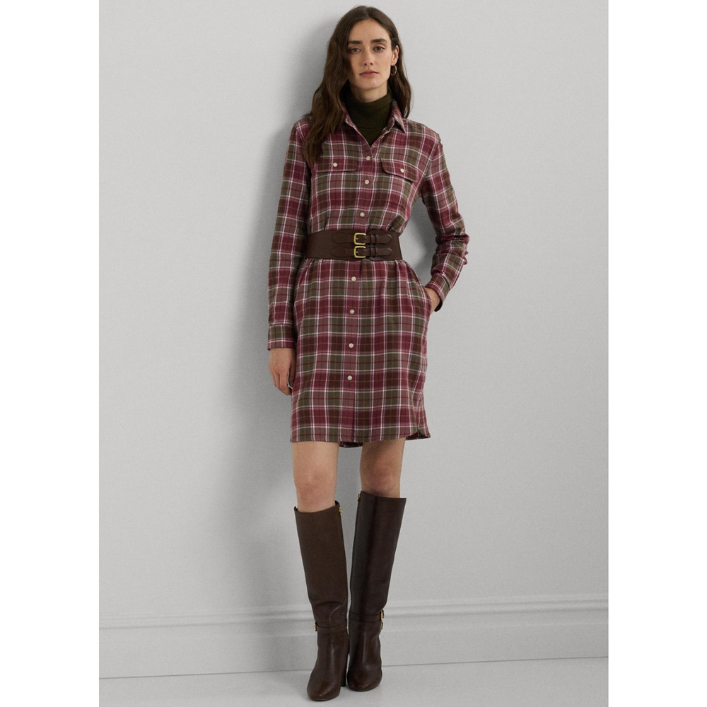 Lauren Ralph Lauren Women Checked Plaid Shirtdress Burgundy Multi Size 8 - Picture 1 of 5